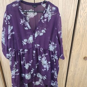 Torrid Purple Floral Sheer Button Up Hi Lo Hem 3/4 Sleeve Tunic Dress Size 4